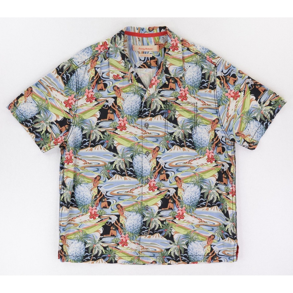 Tommy Bahama Shirt Mens Large Hula Girl Silk Cotton Short Sleeve Hawaiian Aloha